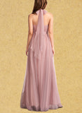 Mareli A-line Off the Shoulder One Shoulder V-Neck Floor-Length Tulle Bridesmaid Dress UKP0019408