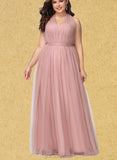 Mareli A-line Off the Shoulder One Shoulder V-Neck Floor-Length Tulle Bridesmaid Dress UKP0019408