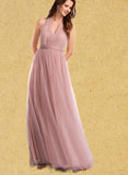 Mareli A-line Off the Shoulder One Shoulder V-Neck Floor-Length Tulle Bridesmaid Dress UKP0019408