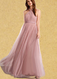 Mareli A-line Off the Shoulder One Shoulder V-Neck Floor-Length Tulle Bridesmaid Dress UKP0019408