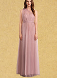 Mareli A-line Off the Shoulder One Shoulder V-Neck Floor-Length Tulle Bridesmaid Dress UKP0019408