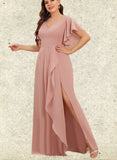 Winnie A-line V-Neck Floor-Length Chiffon Bridesmaid Dress With Ruffle UKP0019410