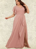 Winnie A-line V-Neck Floor-Length Chiffon Bridesmaid Dress With Ruffle UKP0019410