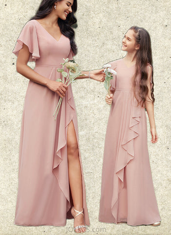 Winnie A-line V-Neck Floor-Length Chiffon Bridesmaid Dress With Ruffle UKP0019410