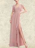 Winnie A-line V-Neck Floor-Length Chiffon Bridesmaid Dress With Ruffle UKP0019410