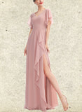 Winnie A-line V-Neck Floor-Length Chiffon Bridesmaid Dress With Ruffle UKP0019410