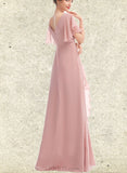 Winnie A-line V-Neck Floor-Length Chiffon Bridesmaid Dress With Ruffle UKP0019410