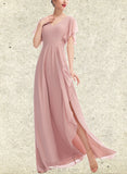 Winnie A-line V-Neck Floor-Length Chiffon Bridesmaid Dress With Ruffle UKP0019410