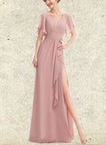 Winnie A-line V-Neck Floor-Length Chiffon Bridesmaid Dress With Ruffle UKP0019410