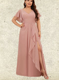 Winnie A-line V-Neck Floor-Length Chiffon Bridesmaid Dress With Ruffle UKP0019410