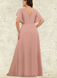 Winnie A-line V-Neck Floor-Length Chiffon Bridesmaid Dress With Ruffle UKP0019410