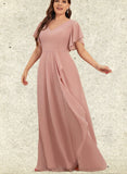 Winnie A-line V-Neck Floor-Length Chiffon Bridesmaid Dress With Ruffle UKP0019410