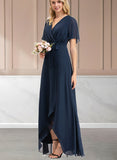 Sofia A-line V-Neck Asymmetrical Chiffon Bridesmaid Dress With Bow Pleated UKP0019411