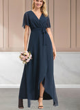 Sofia A-line V-Neck Asymmetrical Chiffon Bridesmaid Dress With Bow Pleated UKP0019411