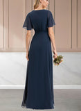 Sofia A-line V-Neck Asymmetrical Chiffon Bridesmaid Dress With Bow Pleated UKP0019411