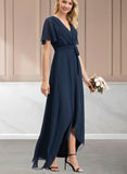 Sofia A-line V-Neck Asymmetrical Chiffon Bridesmaid Dress With Bow Pleated UKP0019411