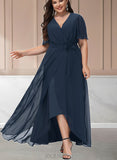 Sofia A-line V-Neck Asymmetrical Chiffon Bridesmaid Dress With Bow Pleated UKP0019411