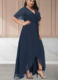 Sofia A-line V-Neck Asymmetrical Chiffon Bridesmaid Dress With Bow Pleated UKP0019411