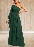 Milagros A-line One Shoulder Floor-Length Chiffon Bridesmaid Dress With Ruffle UKP0019412