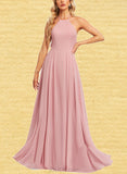 Rihanna A-line Halter Floor-Length Chiffon Bridesmaid Dress With Ruffle UKP0019413