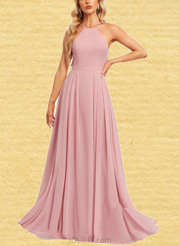 Rihanna A-line Halter Floor-Length Chiffon Bridesmaid Dress With Ruffle UKP0019413