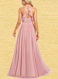 Rihanna A-line Halter Floor-Length Chiffon Bridesmaid Dress With Ruffle UKP0019413