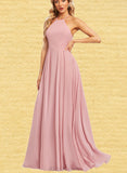 Rihanna A-line Halter Floor-Length Chiffon Bridesmaid Dress With Ruffle UKP0019413