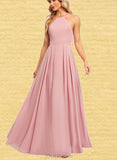 Rihanna A-line Halter Floor-Length Chiffon Bridesmaid Dress With Ruffle UKP0019413