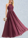 Cameron A-line Square Floor-Length Chiffon Lace Bridesmaid Dress UKP0019415