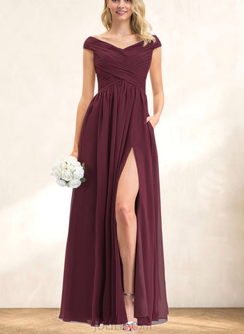 Layla A-line Off the Shoulder Floor-Length Chiffon Bridesmaid Dress With Ruffle UKP0019416