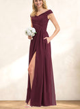 Layla A-line Off the Shoulder Floor-Length Chiffon Bridesmaid Dress With Ruffle UKP0019416