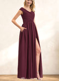 Layla A-line Off the Shoulder Floor-Length Chiffon Bridesmaid Dress With Ruffle UKP0019416