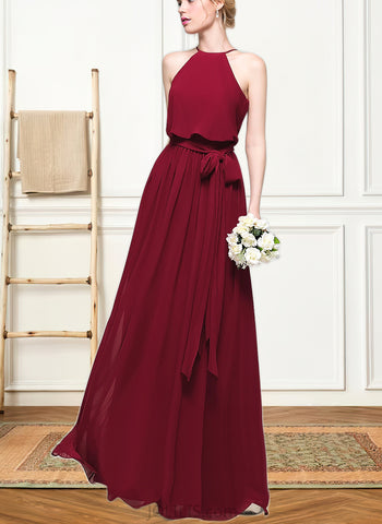 Karly A-line Scoop Floor-Length Chiffon Bridesmaid Dress With Bow UKP0019417