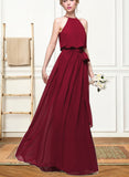 Karly A-line Scoop Floor-Length Chiffon Bridesmaid Dress With Bow UKP0019417