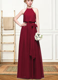 Karly A-line Scoop Floor-Length Chiffon Bridesmaid Dress With Bow UKP0019417