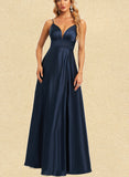 Kaya A-line V-Neck Floor-Length Satin Bridesmaid Dress UKP0019418