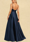 Kaya A-line V-Neck Floor-Length Satin Bridesmaid Dress UKP0019418