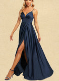 Kaya A-line V-Neck Floor-Length Satin Bridesmaid Dress UKP0019418