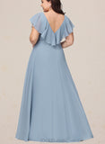 Kamora A-line V-Neck Floor-Length Chiffon Bridesmaid Dress UKP0019420