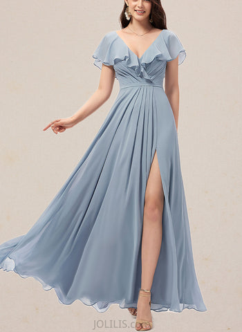 Kamora A-line V-Neck Floor-Length Chiffon Bridesmaid Dress UKP0019420