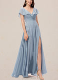 Kamora A-line V-Neck Floor-Length Chiffon Bridesmaid Dress UKP0019420