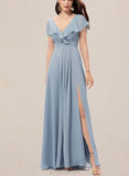 Kamora A-line V-Neck Floor-Length Chiffon Bridesmaid Dress UKP0019420