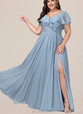 Kamora A-line V-Neck Floor-Length Chiffon Bridesmaid Dress UKP0019420