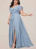 Kamora A-line V-Neck Floor-Length Chiffon Bridesmaid Dress UKP0019420