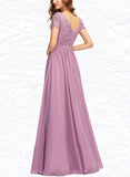 Nydia A-line V-Neck Floor-Length Chiffon Lace Bridesmaid Dress UKP0019421