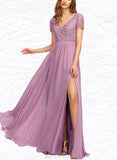 Nydia A-line V-Neck Floor-Length Chiffon Lace Bridesmaid Dress UKP0019421