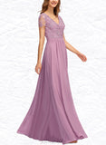 Nydia A-line V-Neck Floor-Length Chiffon Lace Bridesmaid Dress UKP0019421