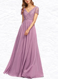 Nydia A-line V-Neck Floor-Length Chiffon Lace Bridesmaid Dress UKP0019421