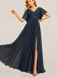 Summer A-line V-Neck Floor-Length Chiffon Lace Bridesmaid Dress UKP0019422