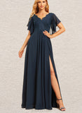 Summer A-line V-Neck Floor-Length Chiffon Lace Bridesmaid Dress UKP0019422